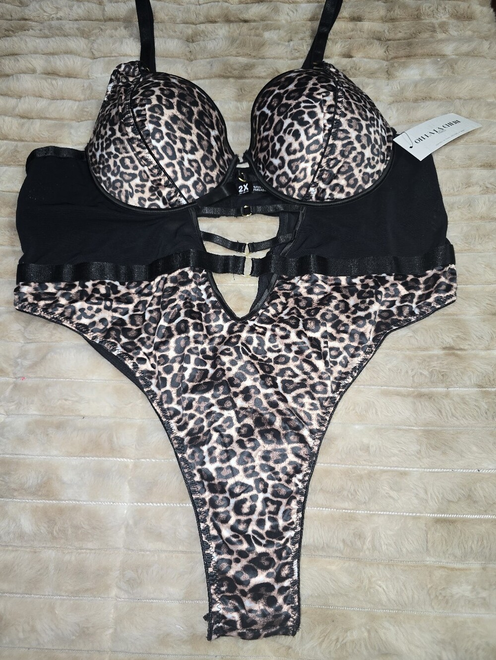 Leopard Print Push-Up Bra & High-Cut Panty Set - Black and Leopard